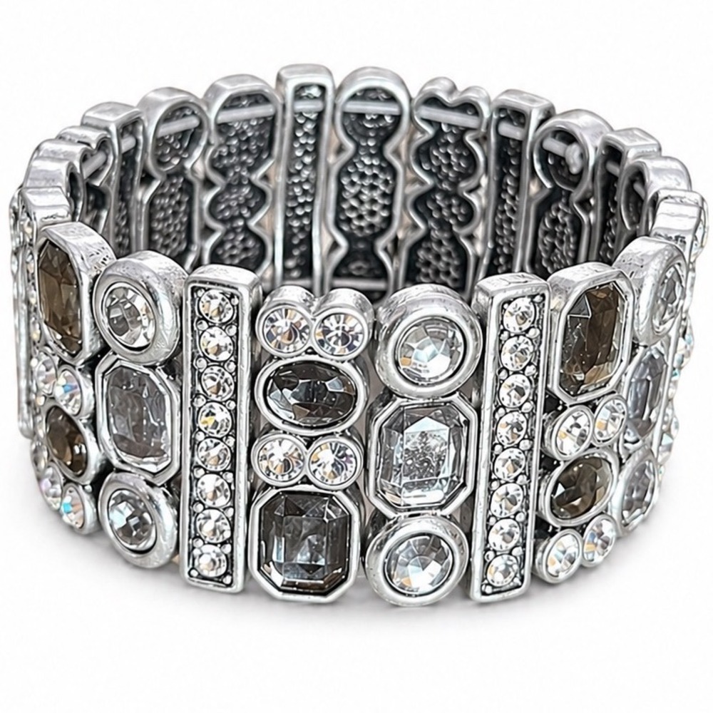 Silver Tone Crystal Stretch Cuff Bracelet Clear Bling Grey Smoky Statement Wide